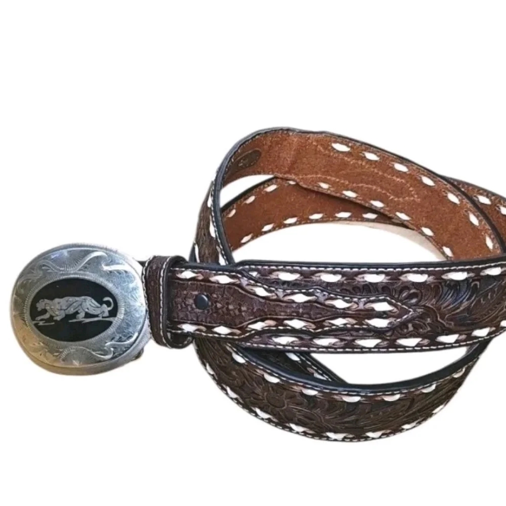 Vtg Ariat Brown Leather Belt Handmade Silver Jaguar Onyx Buckle Men 44-48